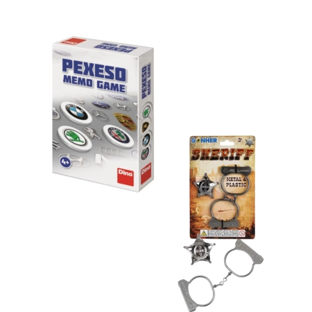 Zestaw prezentowy na Dzień Dziecka – Gra memory marki aut + Kajdanki i odznaka Gonher | 3+ i 4+ | Dino + Gonher