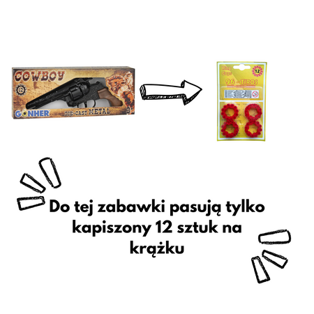 Gonher 122/6, Metalowy czarny pistolet rewolwer na kapiszony, 12 strzałowy, wyprodukowany w Hiszpanii