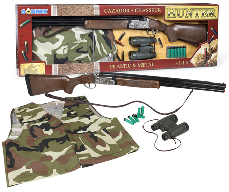 Gonher 617/0, Zestaw myśliwego 3-w-1 : dubeltówka, kamizelka, zabawkowa lornetka