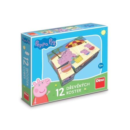 Dino Toys, Świnka Peppa, Drewniane klocki obrazkowe z Peppą, 12 el., wiek dziecka 3+